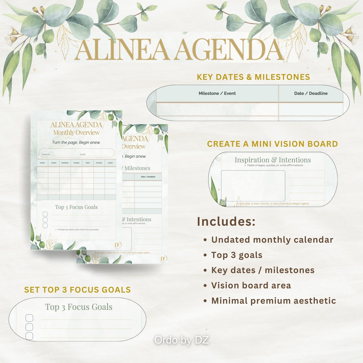 Alinea Agenda content with key features and design elements on a white background, front page