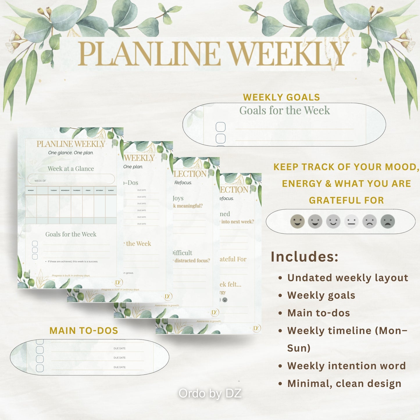 Ordo Weekly planner content with greenery design and text on a white background, front page