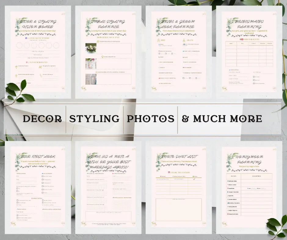 Pages of the ultimate wedding planning kit with pages from the sections 'Decor', 'Styling', 'Photos' and much more, front pages