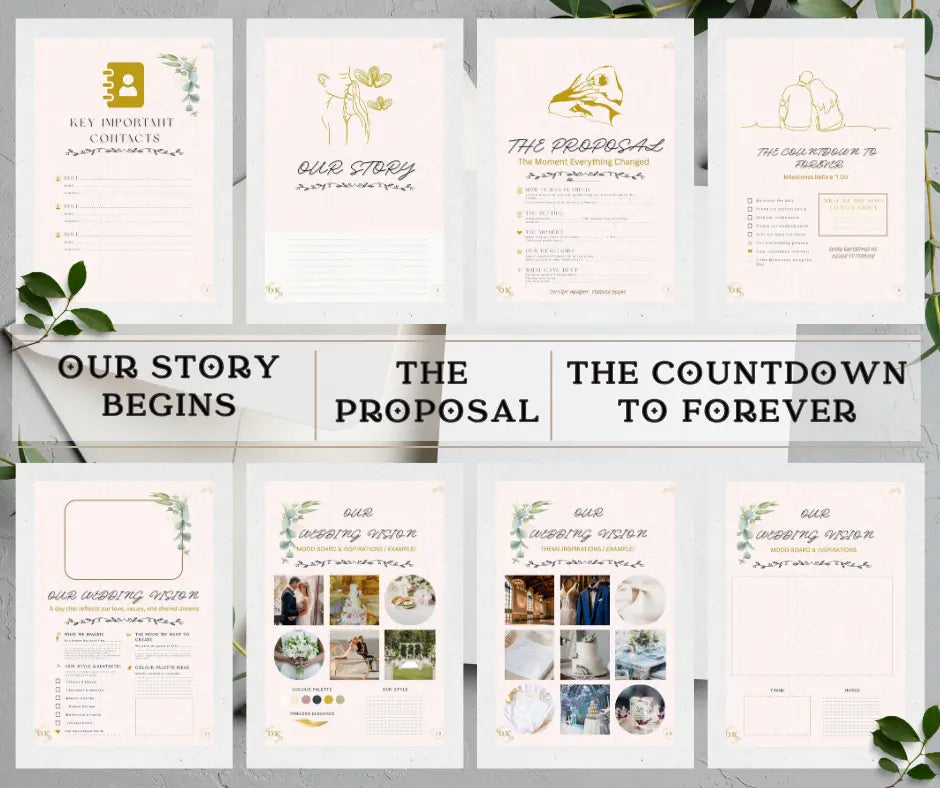 Pages of the ultimate wedding planning kit with sections like 'Our Story Begins', 'The Proposal', and 'The Countdown to Forever', front pages