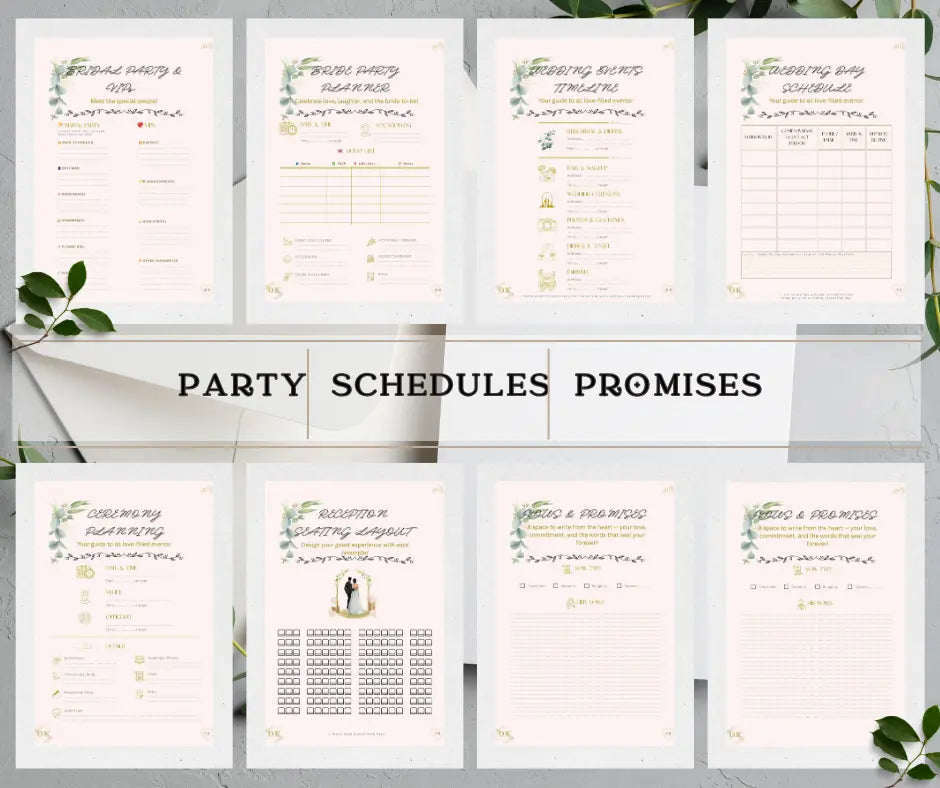 Pages of the ultimate wedding planning kit with pages from the sections 'Party', 'Schedules', 'Promises', front pages