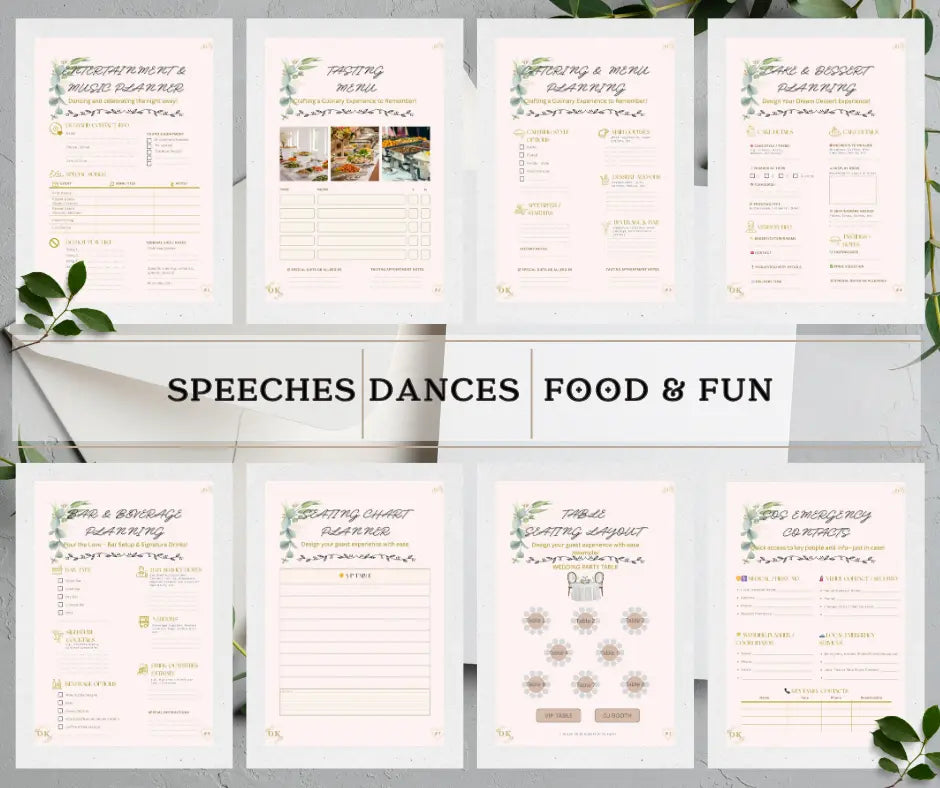 Pages of the ultimate wedding planning kit with pages from the sections 'Speeches', 'Dances', 'Food & Fun', front pages