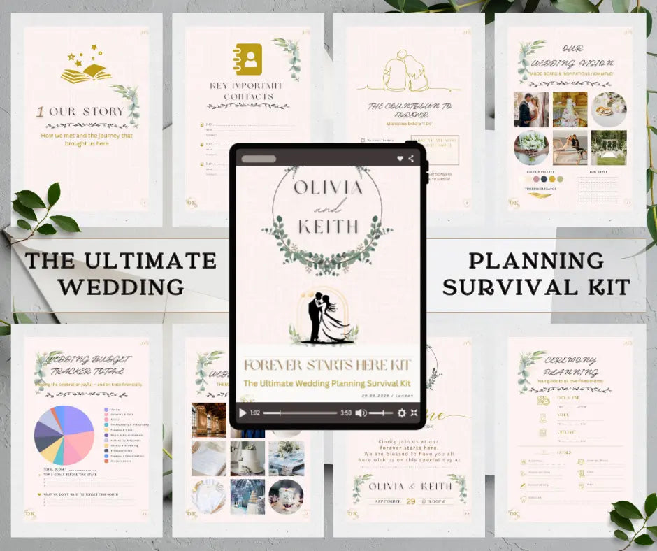 Ultimate Wedding planning survival kit with various pages and a digital device displaying the front cover