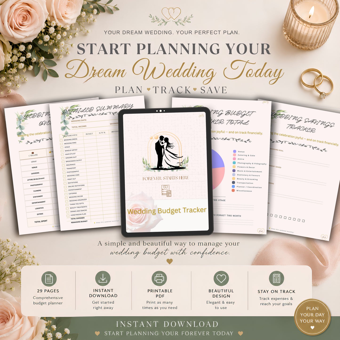 Printable Wedding Budget Planner PDF by Ordo by DZ with budget overview and savings tracker