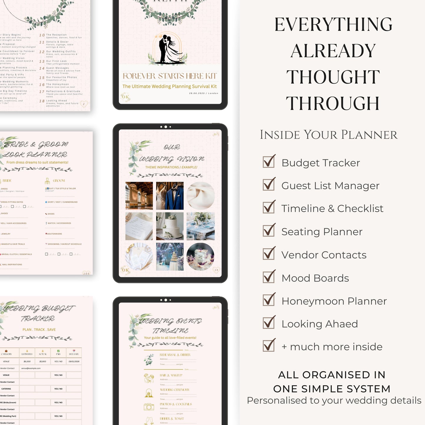 Digital mockup of a wedding planner template shown on a tablet and as several page spreads, with text on the right reading 'EVERYTHING ALREADY THOUGHT THROUGH' and listing included features like a budget tracker, guest list manager, seating planner, vendor contacts, mood boards, and honeymoon planner.