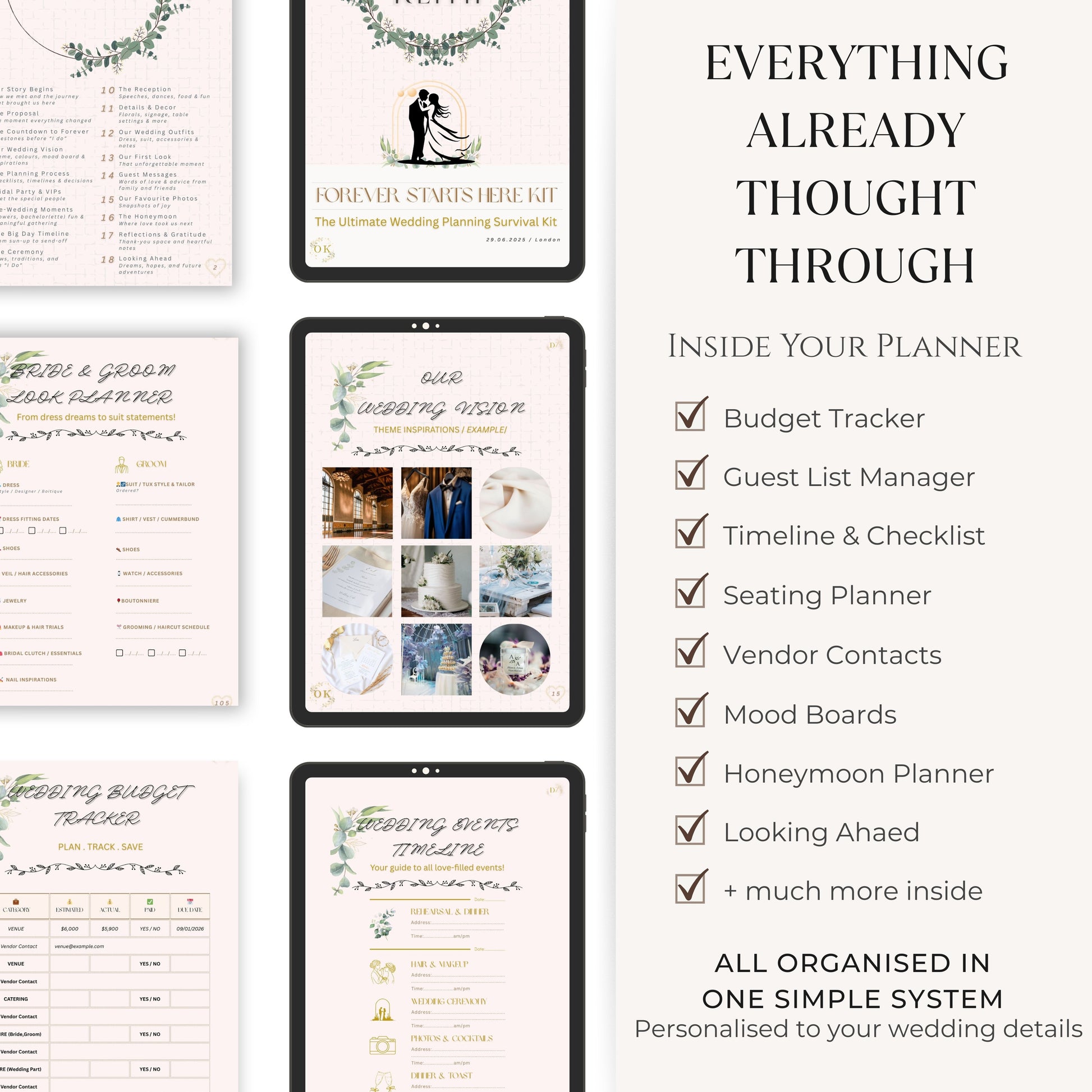 Digital mockup of a wedding planner template shown on a tablet and as several page spreads, with text on the right reading 'EVERYTHING ALREADY THOUGHT THROUGH' and listing included features like a budget tracker, guest list manager, seating planner, vendor contacts, mood boards, and honeymoon planner.