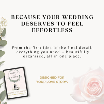 Promotional graphic for a wedding planning service with the headline 'BECAUSE YOUR WEDDING DESERVES TO FEEL EFFORTLESS' and supporting text about organizing everything from first idea to final detail. A small framed sample card reading 'Olivia and Keith Wedding' appears in the lower left, with decorative greenery and a pale pink rose around it on a light background.