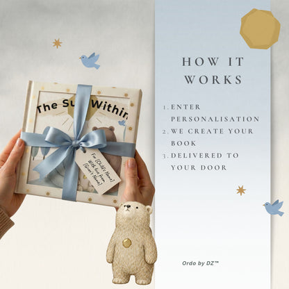 Book with a blue ribbon and tag, held by a hand, next to a teddy bear and promotional text on a light blue background.