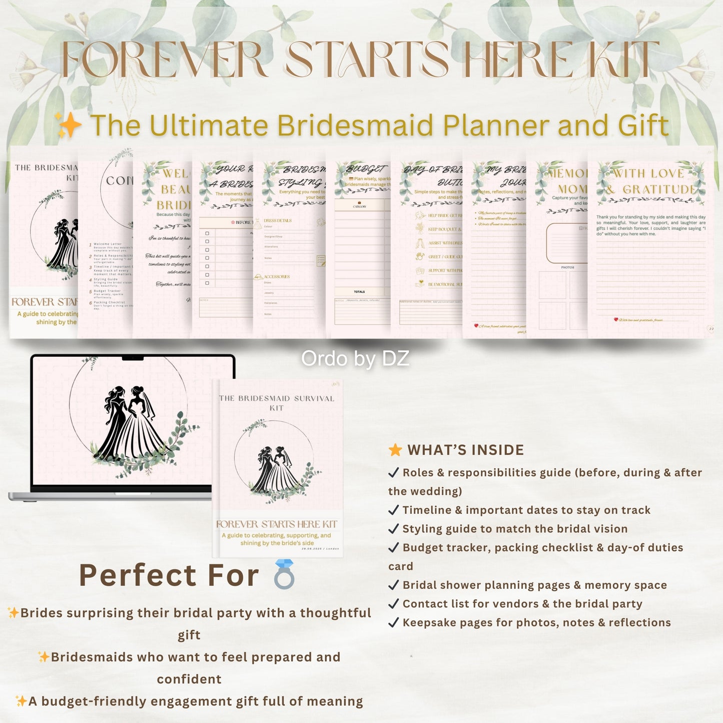 Bridesmaid planner and gift set with packaging and branding details, showing what is inside, in digital and printed versions, front pages