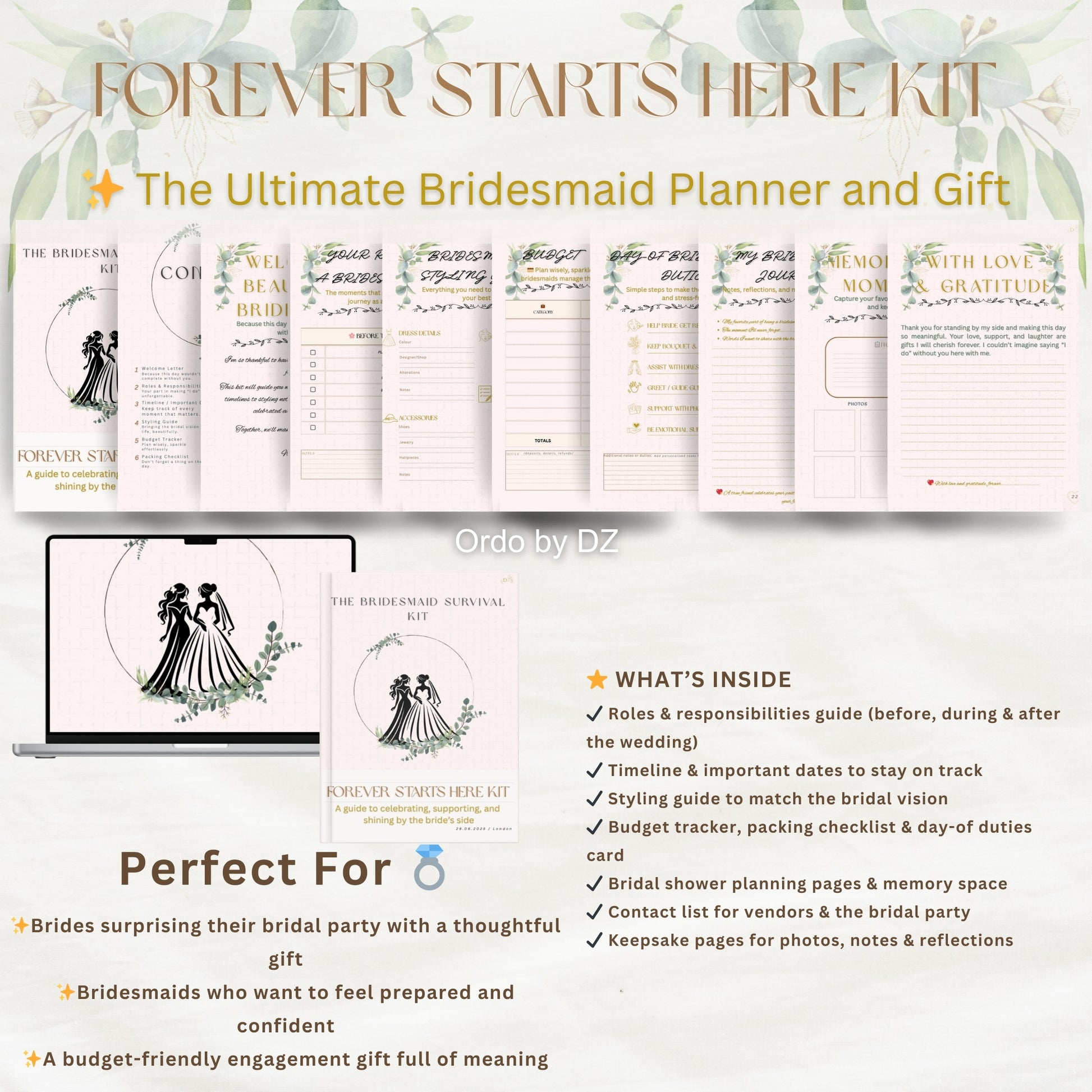 Bridesmaid planner and gift set with packaging and branding details, showing what is inside, in digital and printed versions, front pages