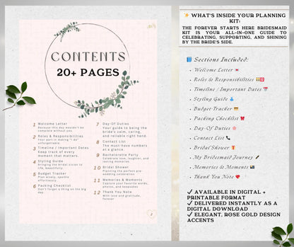 Bridesmaid Kit printable and digital download for bridesmaids to organize duties, styling, and timelines, on white background, front page