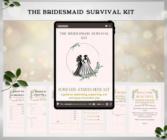 Bridesmaid Kit digital planner with roles, responsibilities, and wedding planning checklists, on white background, front page