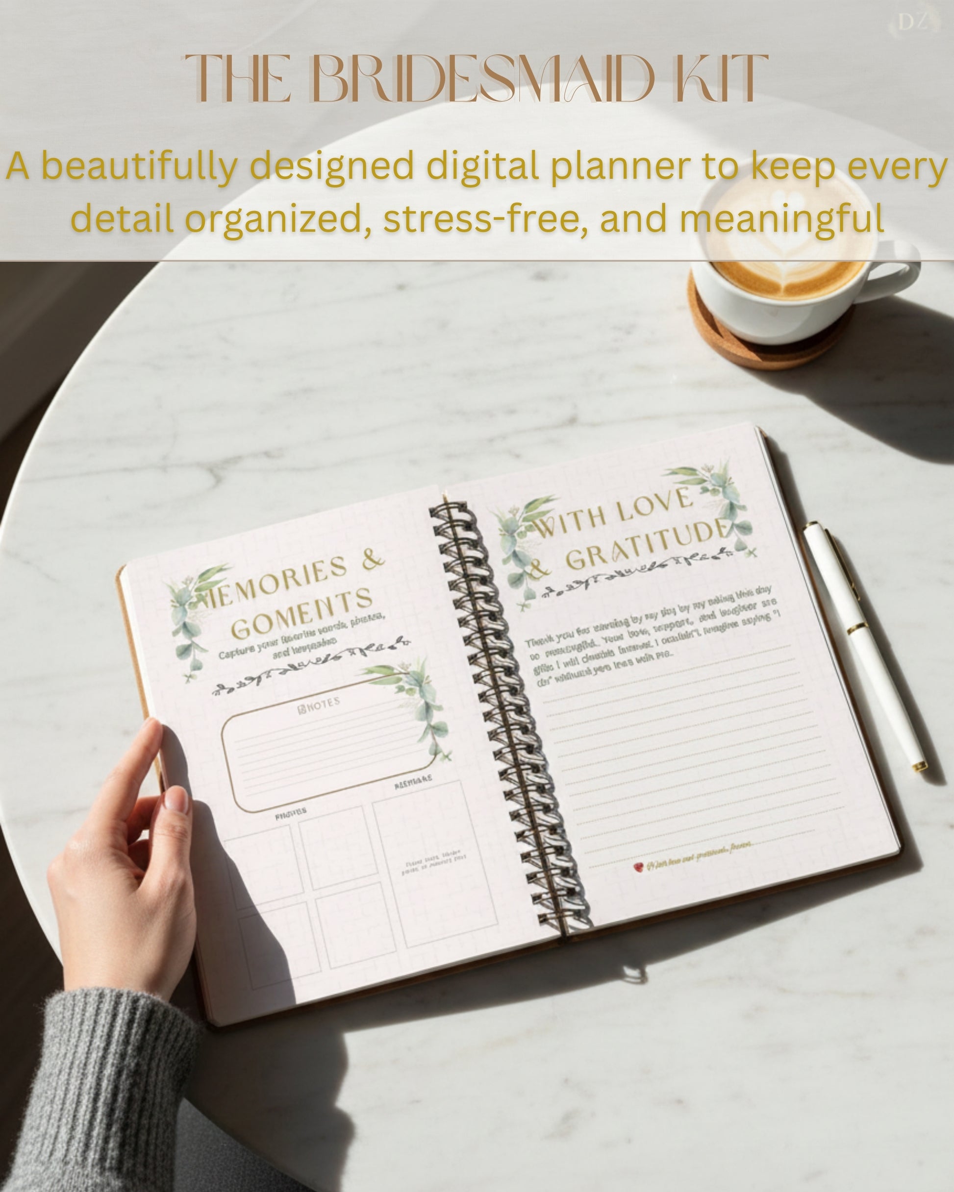 Digital planner notebook titled 'The Bridesmaid Kit' on a marble surface with a cup of coffee and pen, woman ready to write inside, front pages