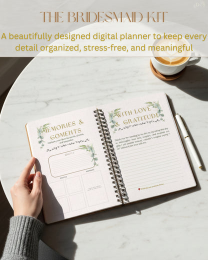 Digital planner notebook titled 'The Bridesmaid Kit' on a marble surface with a cup of coffee and pen, woman ready to write inside, front pages
