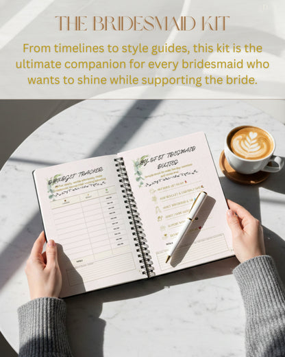 Bridesmaid kit with planner, pen, and coffee on a marble surface, woman writing inside, front pages
