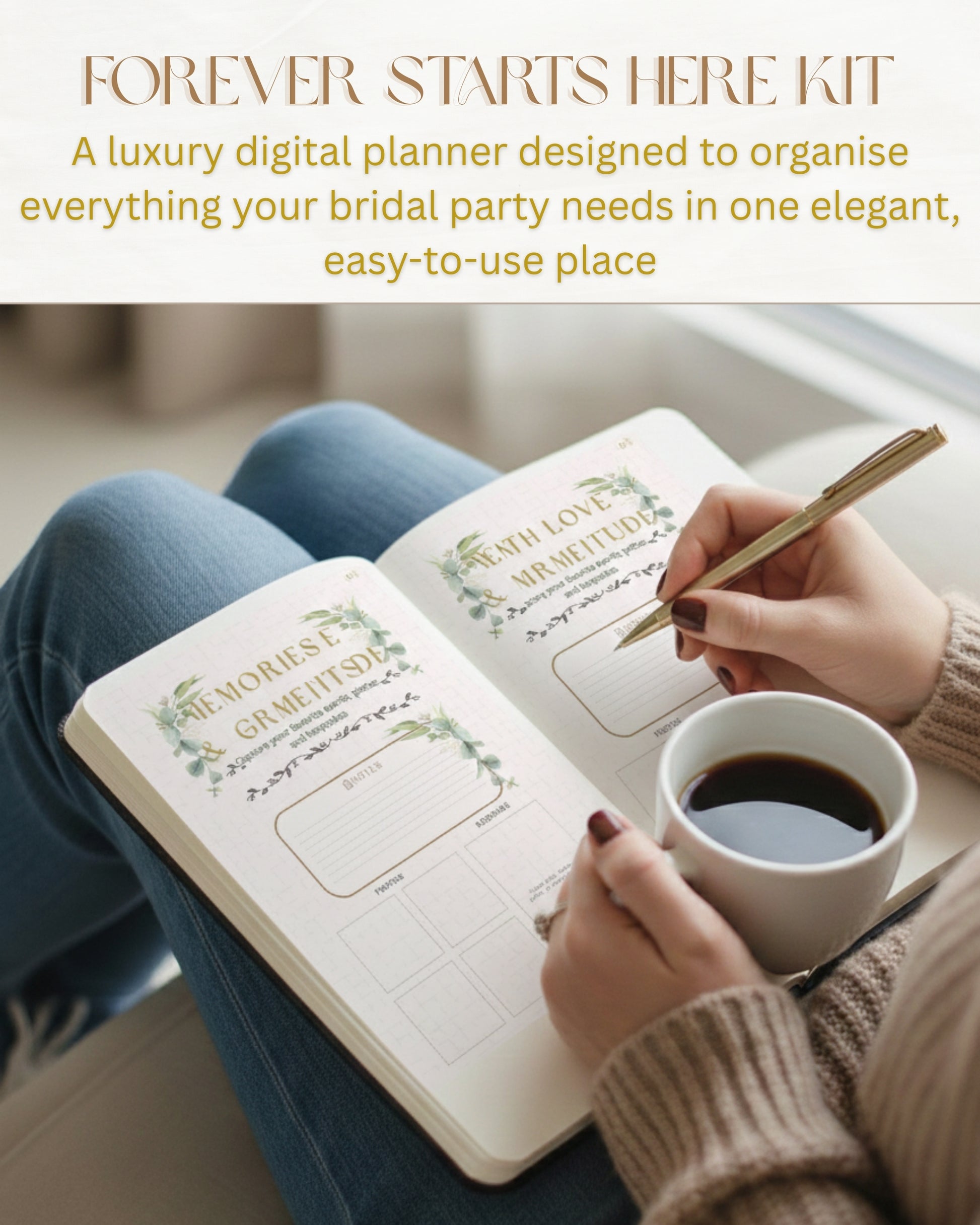 Person holding a pen and a cup of coffee, interacting with a digital planner titled 'Forever Starts Here Kit'- bridesmaid kit, front pages