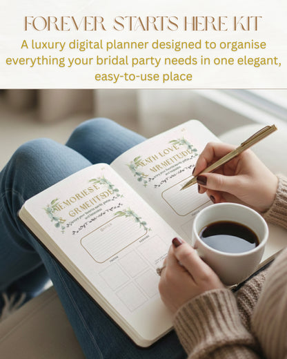 Person holding a pen and a cup of coffee, interacting with a digital planner titled 'Forever Starts Here Kit'- bridesmaid kit, front pages