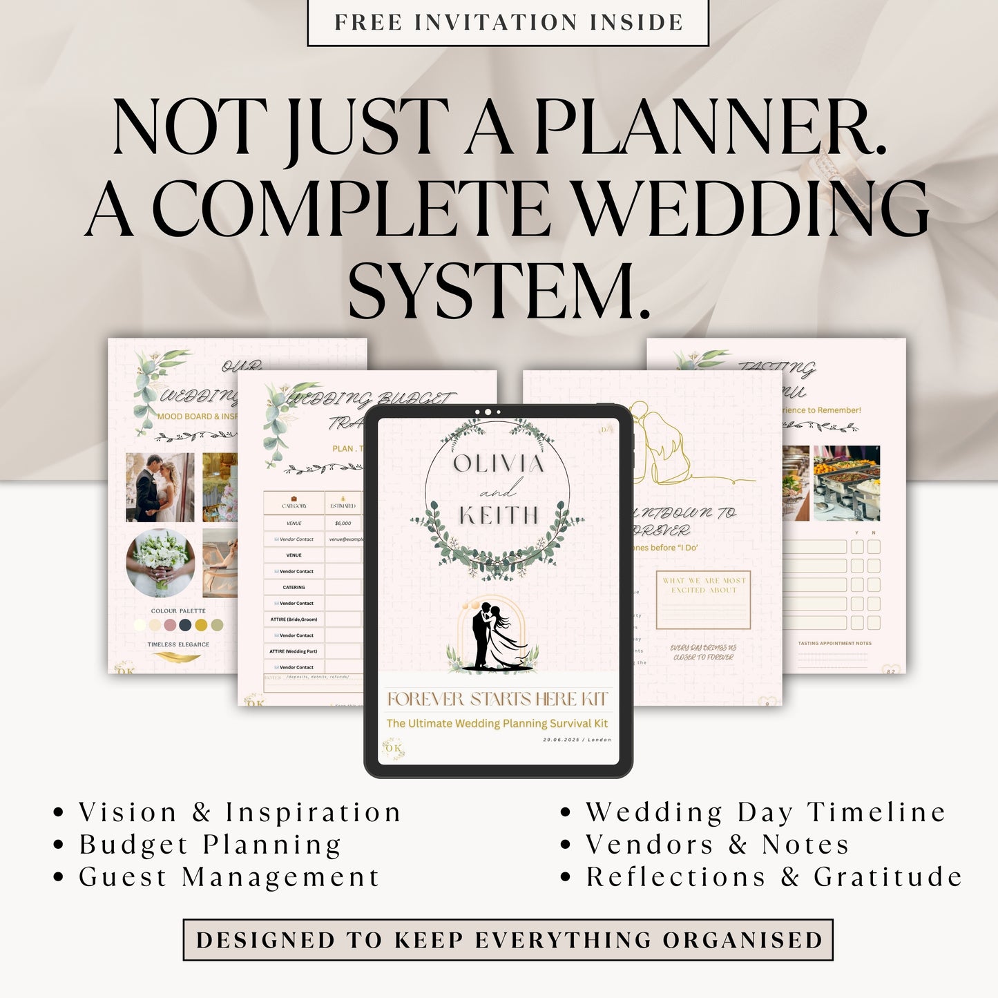 Promotional graphic for a wedding planning system kit, showing several printed and digital planner pages fanned out behind a tablet. Large text reads 'NOT JUST A PLANNER.