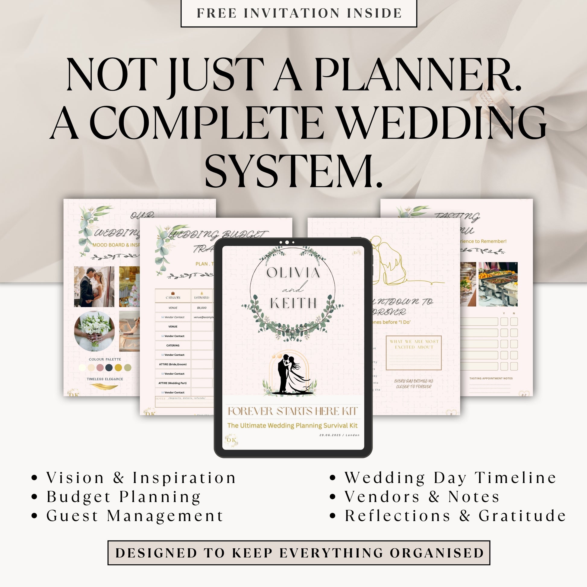 Promotional graphic for a wedding planning system kit, showing several printed and digital planner pages fanned out behind a tablet. Large text reads 'NOT JUST A PLANNER.