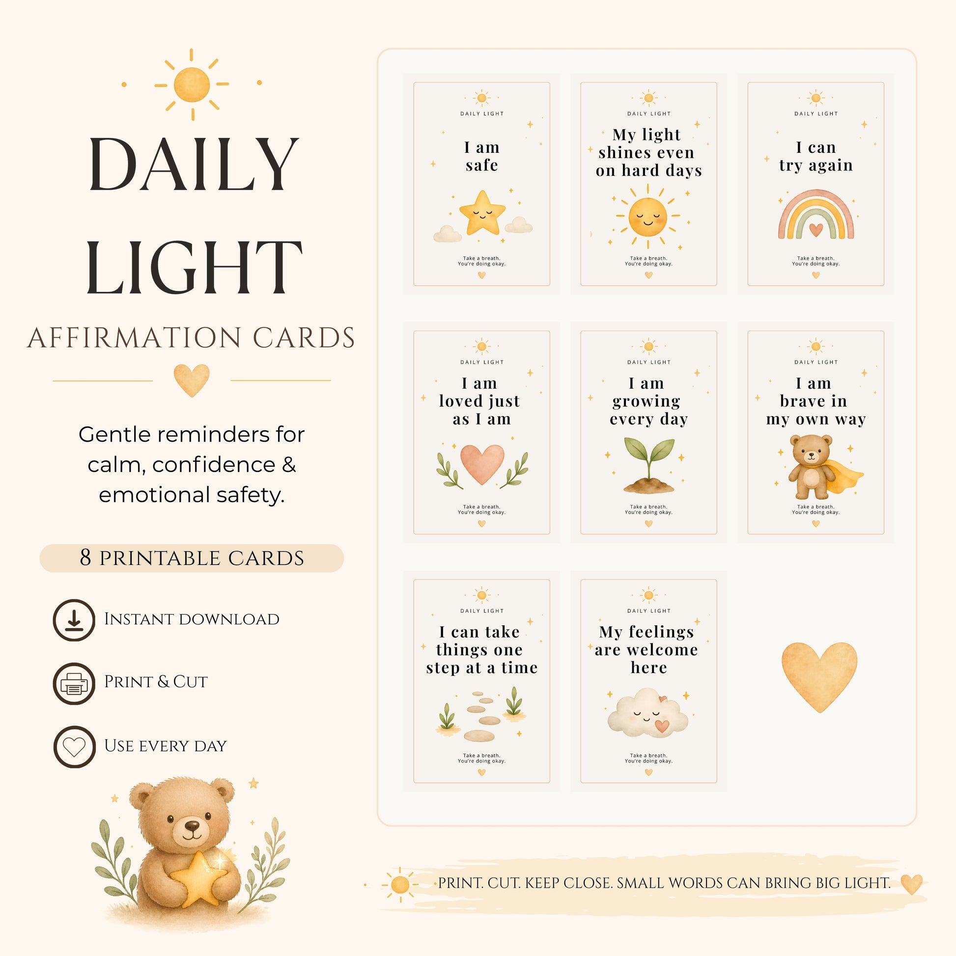 Set of 8 printable affirmation cards in a clean layout showing included designs and minimal style