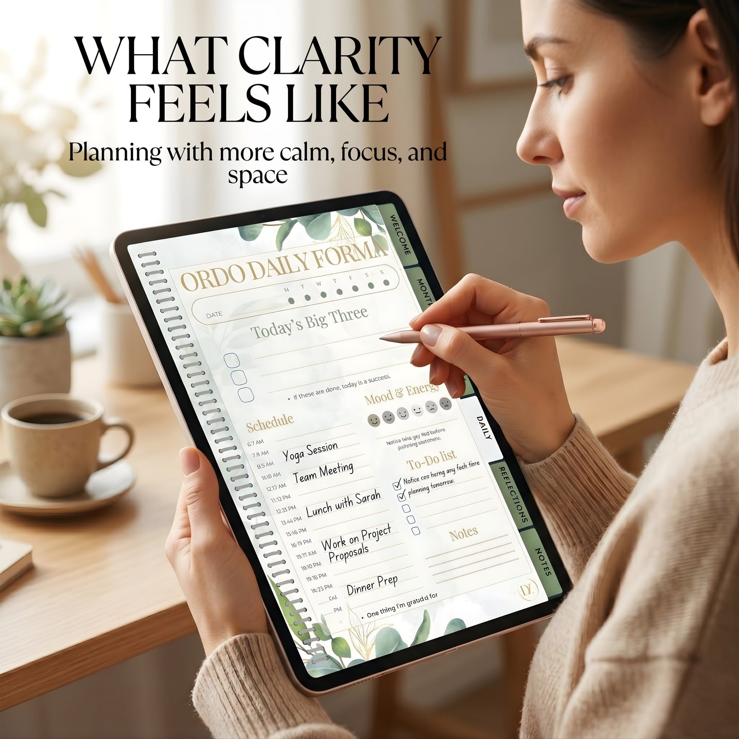 Woman using a digital planner on a tablet with a cozy indoor setting.