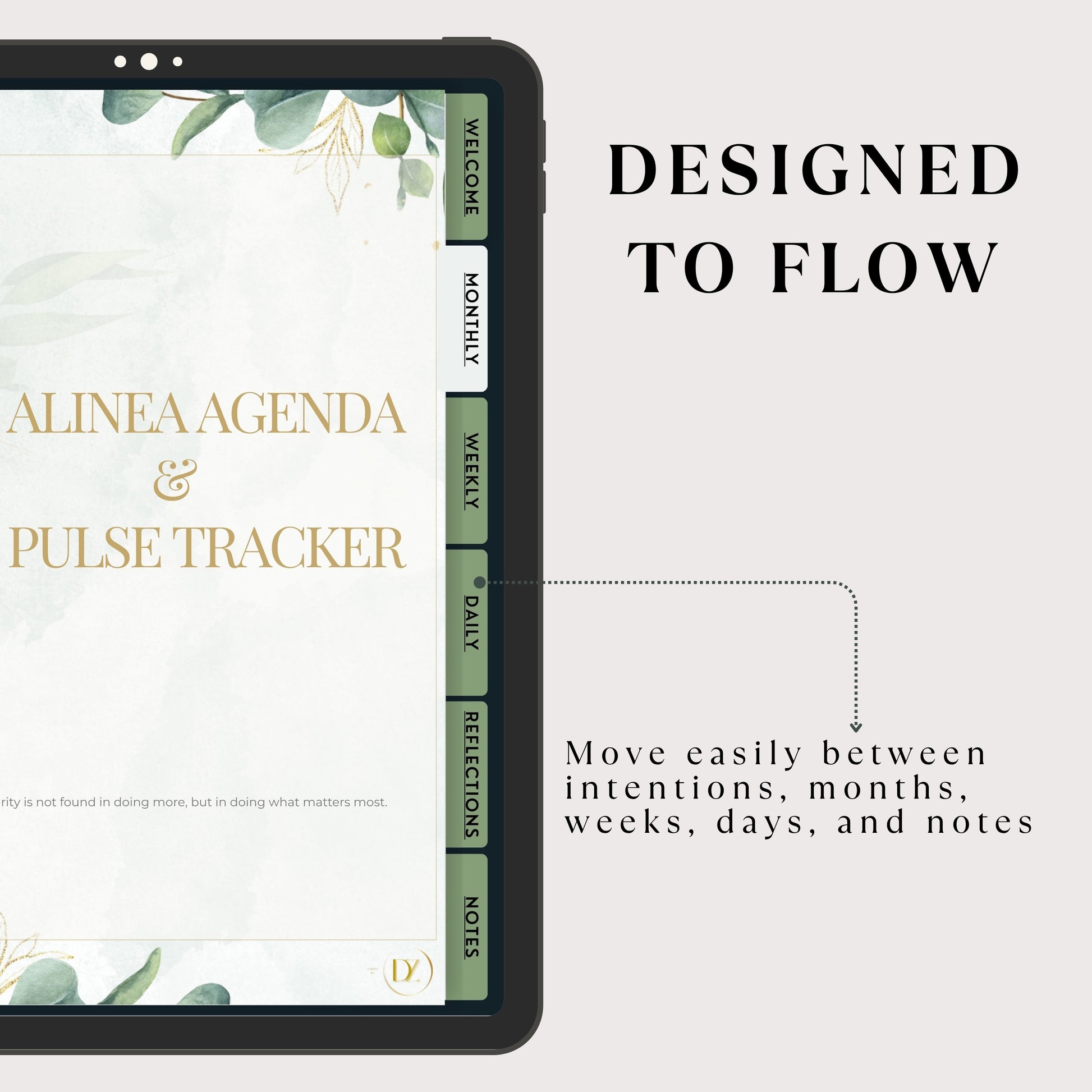 Alinea Agenda & Pulse Tracker with a tablet displaying its interface on a light gray background.