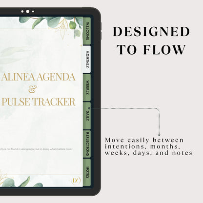 Alinea Agenda & Pulse Tracker with a tablet displaying its interface on a light gray background.