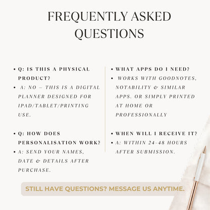A digital Frequently Asked Questions (FAQ) graphic for a planner, set against a warm cream background with elegant black serif typography and a soft beige banner at the bottom. The layout features six common inquiries with concise answers, styled with a subtle diagonal pen in the top right corner.