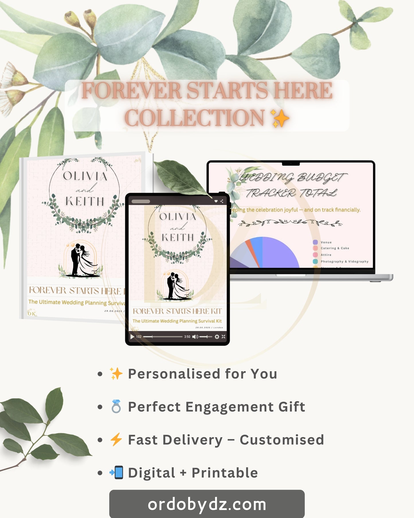 Promotional graphic for a digital wedding planning bundle titled 'Forever Starts Here Collection' by Ordobydz.com, showing a book cover, tablet screen, and laptop screen with wedding planning templates, decorated with eucalyptus leaves on a cream background.