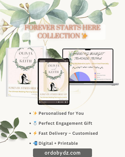 Promotional graphic for a digital wedding planning bundle titled 'Forever Starts Here Collection' by Ordobydz.com, showing a book cover, tablet screen, and laptop screen with wedding planning templates, decorated with eucalyptus leaves on a cream background.