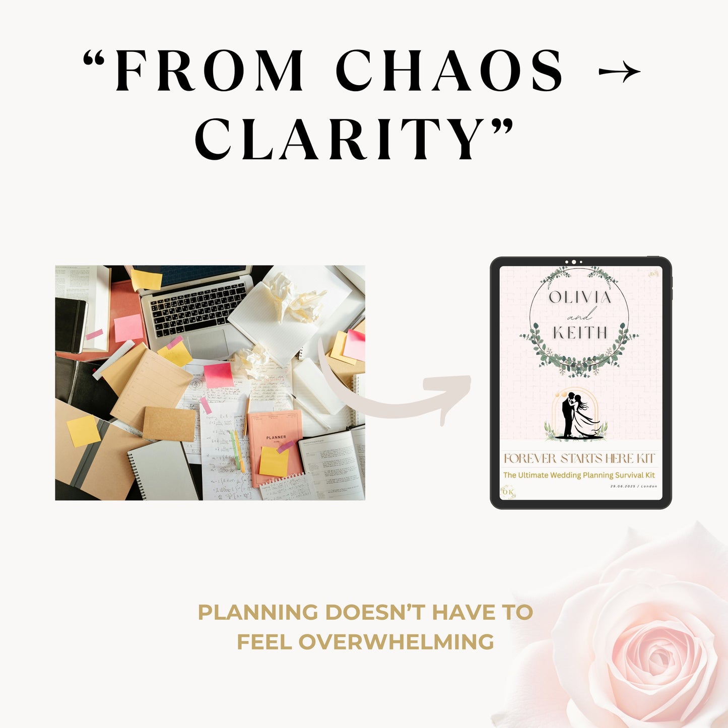 Promotional graphic for a wedding planning guide titled 'From Chaos to Clarity' with the subtitle 'Planning doesn't have to feel overwhelming.' The design shows a messy desk scene on the left, a tablet displaying the guide cover on the right, and a pale pink rose in the lower right corner.