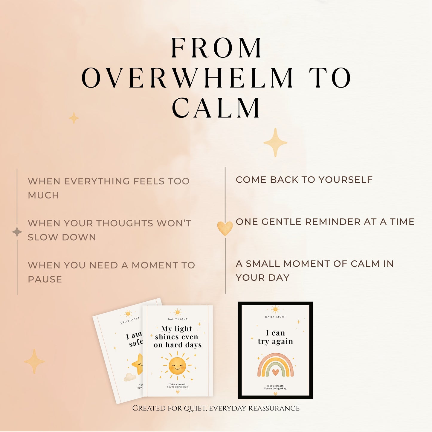 Promotional graphic for 'From Overwhelm to Calm' with motivational cards and a framed quote on a light pink background.