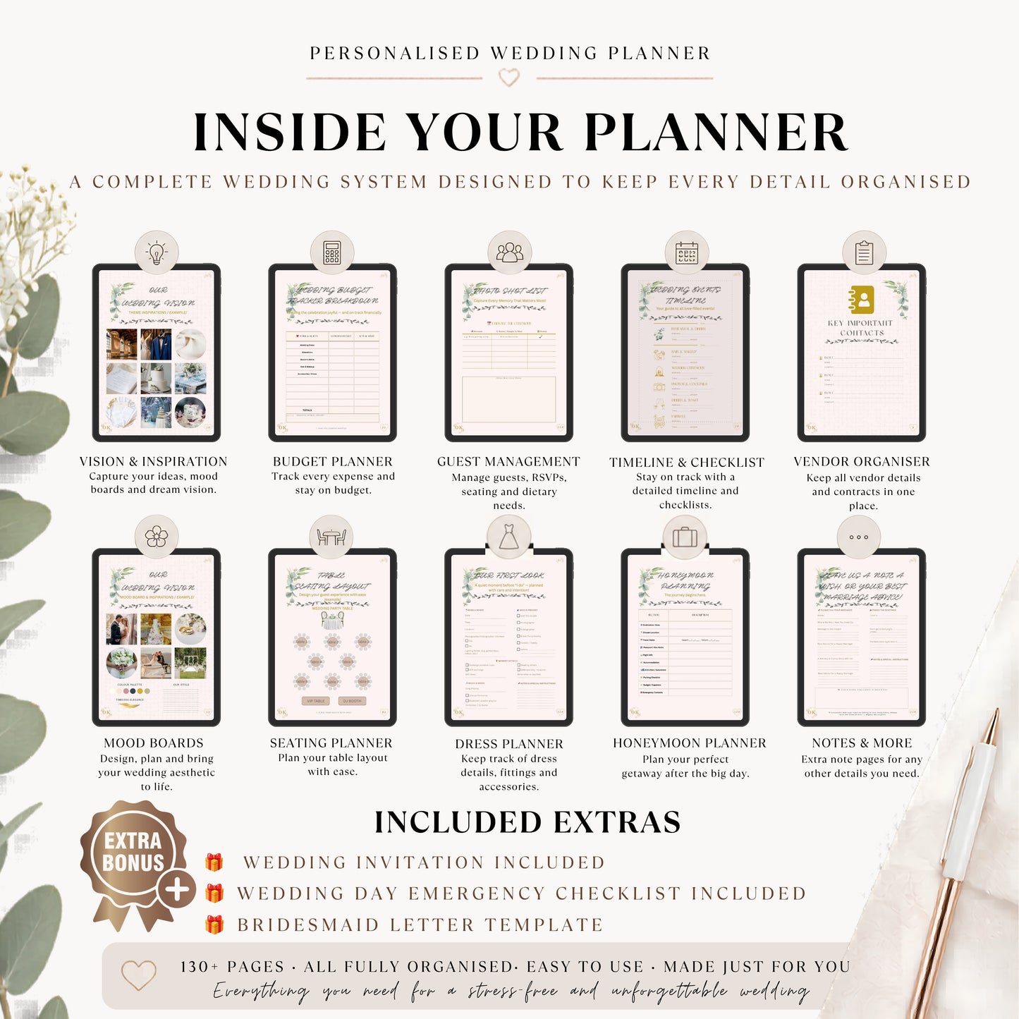 A promotional graphic for a personalized wedding planner, showing a complete wedding system with various planner pages such as vision and inspiration, budget planner, guest management, timeline and checklist, vendor organizer, mood boards, seating planner, dress planner, honeymoon planner, and notes & more. The text highlights that it is a 130-page fully organised wedding planner designed for just you, with an extra bonus bridesmaid letter template.