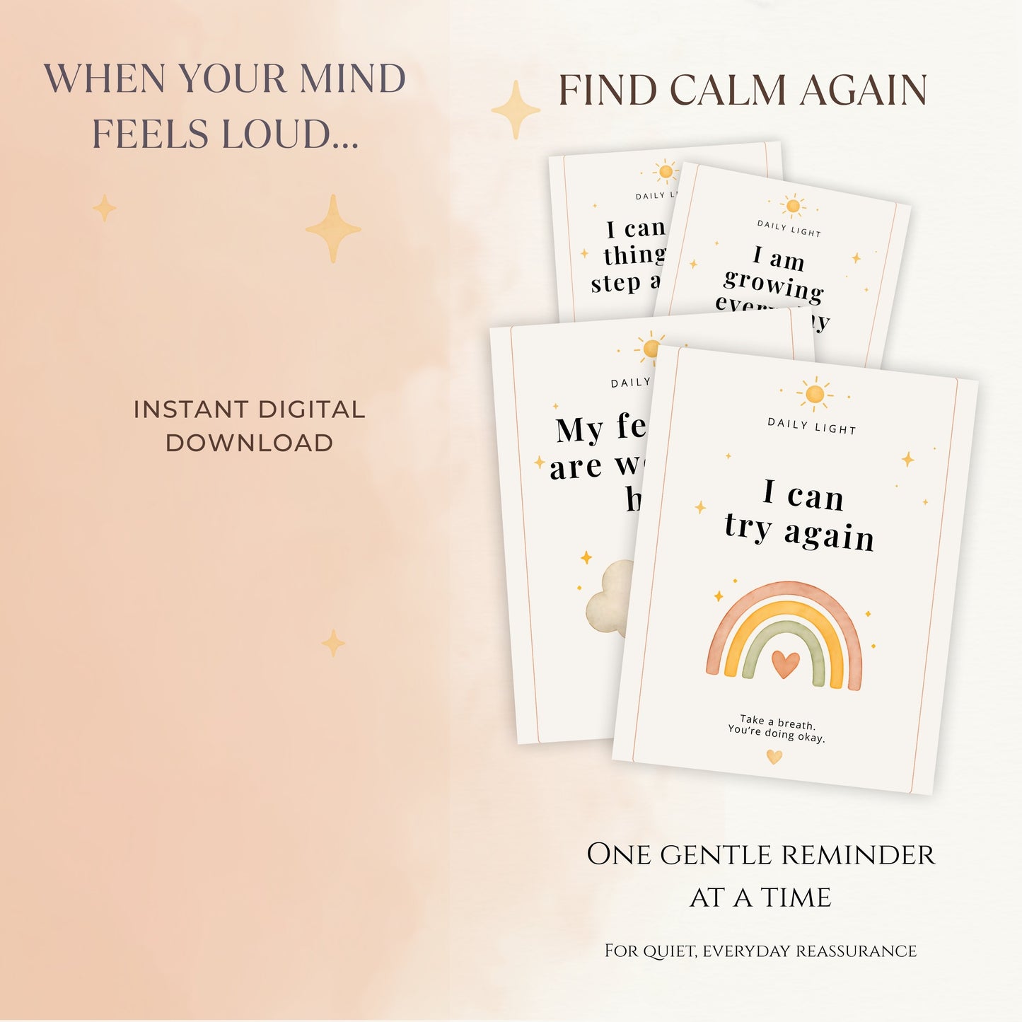Minimalist affirmation cards for anxiety relief showing calm contrast from overwhelm to peaceful state