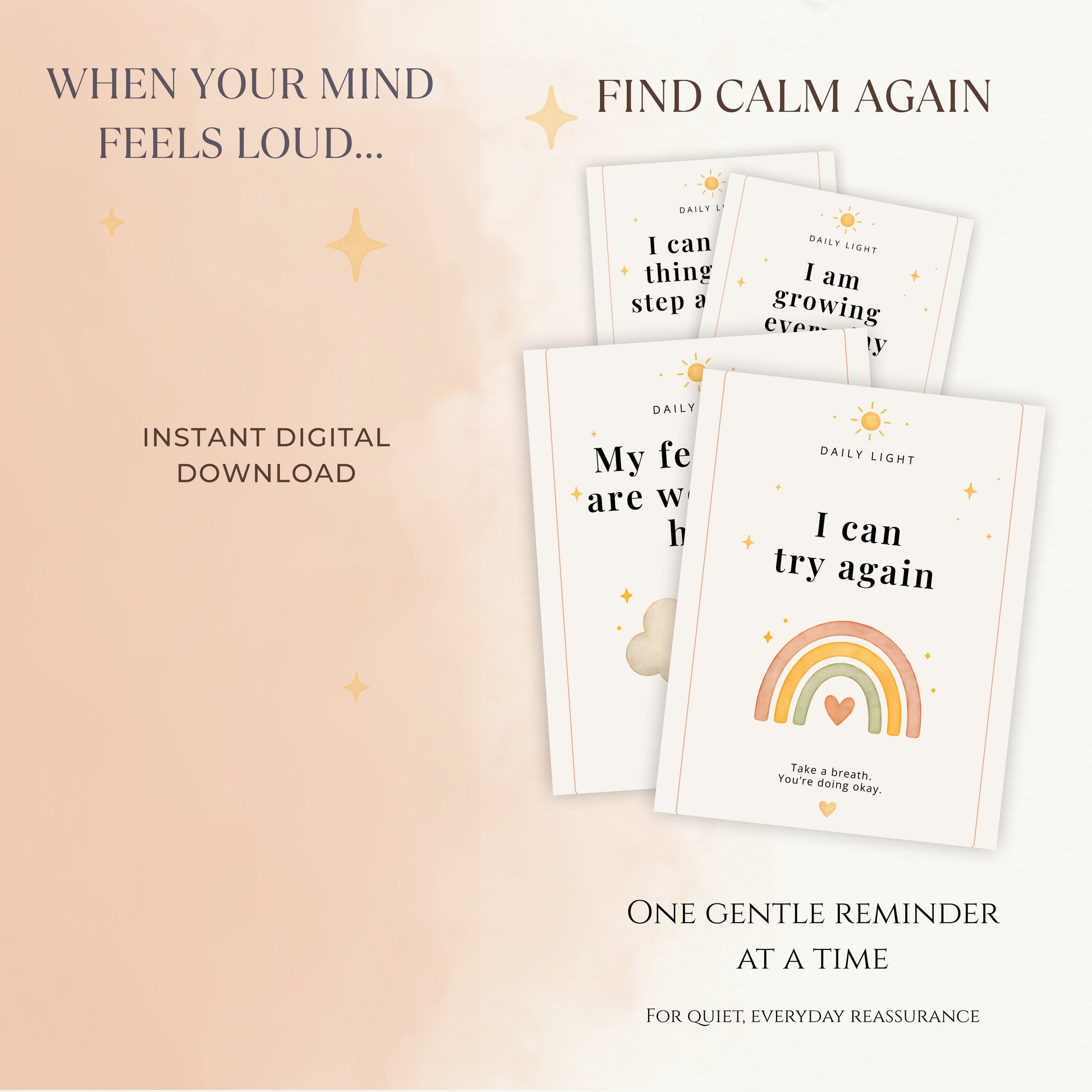 Minimalist affirmation cards for anxiety relief showing calm contrast from overwhelm to peaceful state