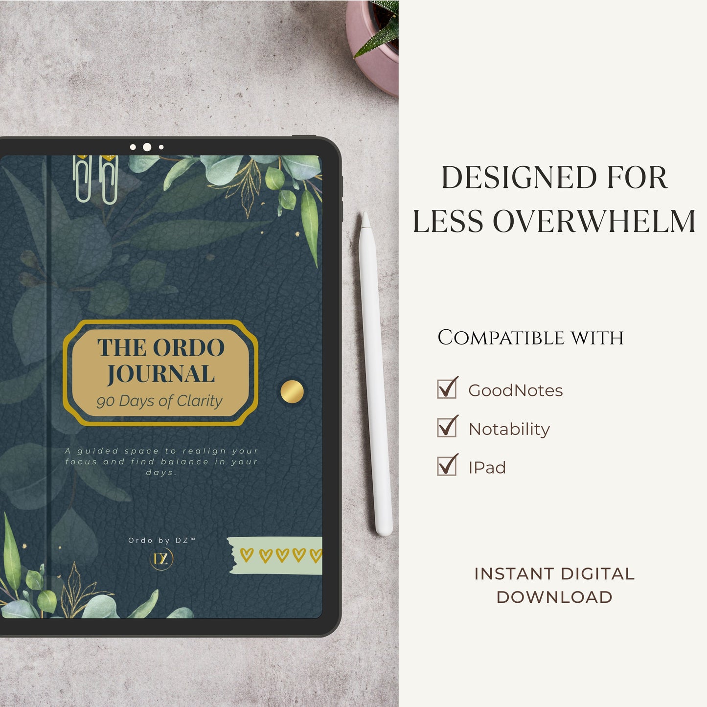 The Ordo Journal with a pen on a gray surface, featuring compatibility information.