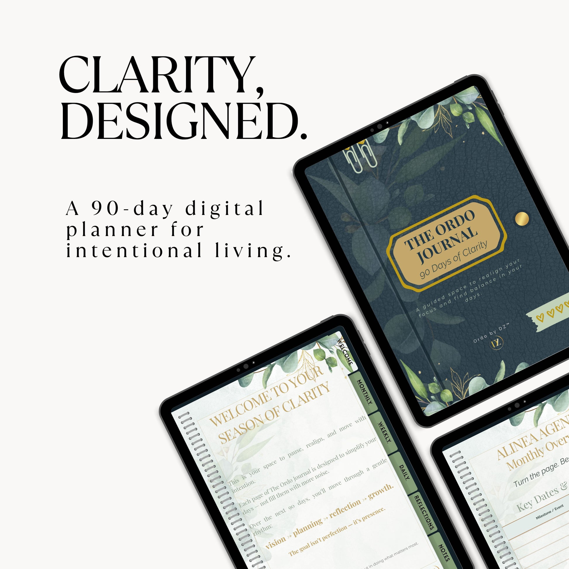 Digital planner with 'The Ordo Journal' design on a white background, front