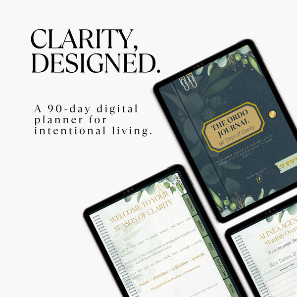 Digital planner with 'The Ordo Journal' design on a white background, front