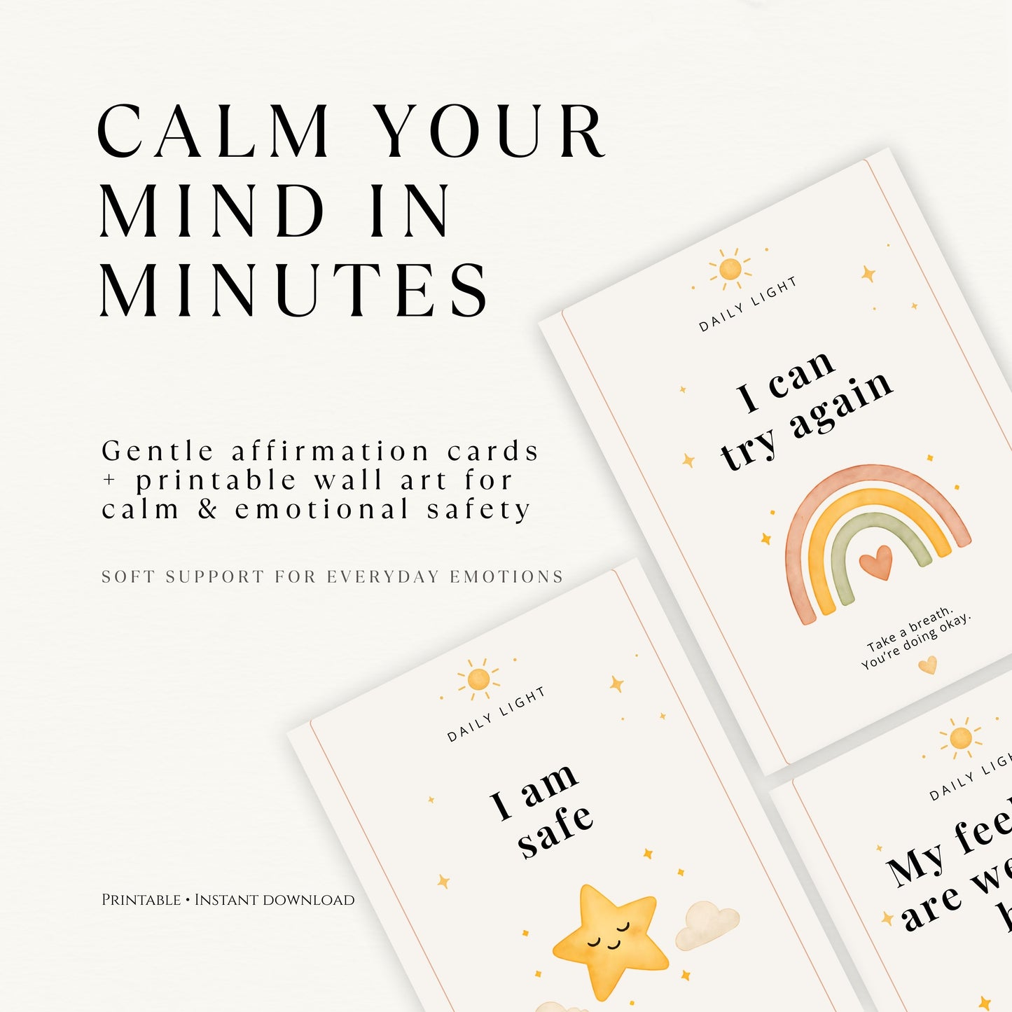 Two affirmation cards with motivational phrases and illustrations on a white background.