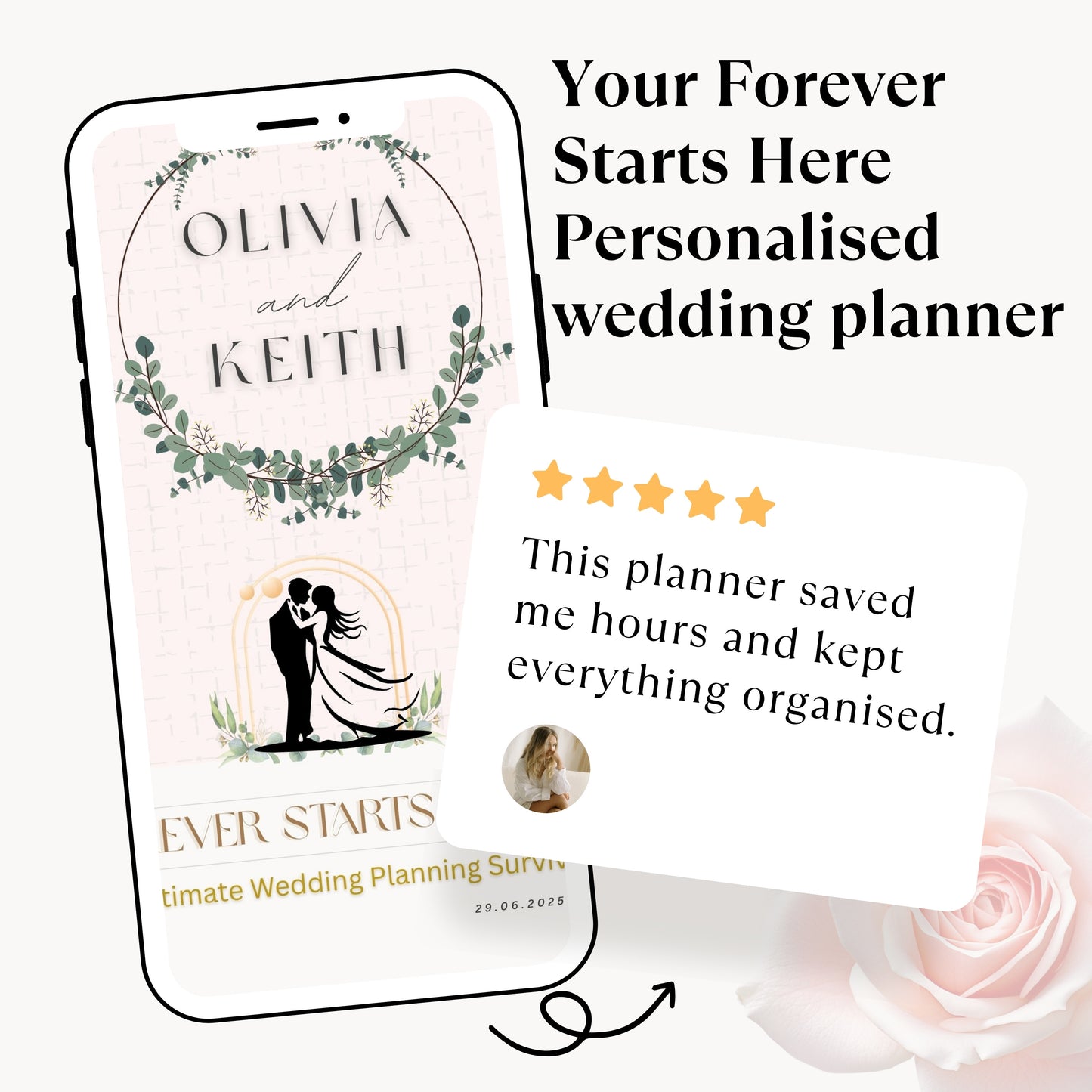 Promotional graphic for a personalized wedding planner shown on a smartphone screen, with a review card overlaid and text reading 'Your Forever Starts Here Personalised wedding planner.' The planner design features a pale blush background, a green floral wreath, and a black silhouette of a couple.