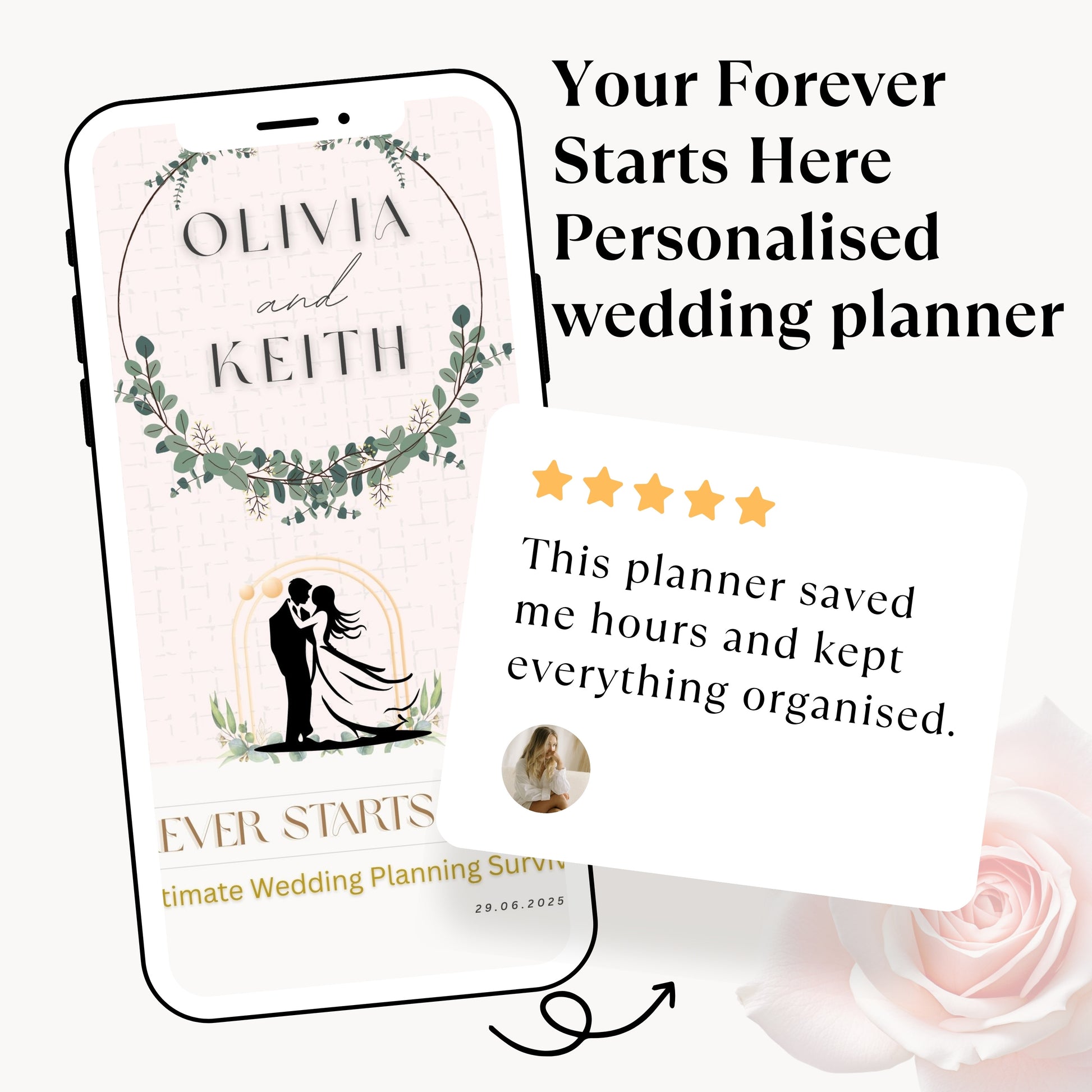 Promotional graphic for a personalized wedding planner shown on a smartphone screen, with a review card overlaid and text reading 'Your Forever Starts Here Personalised wedding planner.' The planner design features a pale blush background, a green floral wreath, and a black silhouette of a couple.
