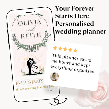 Promotional graphic for a personalized wedding planner shown on a smartphone screen, with a review card overlaid and text reading 'Your Forever Starts Here Personalised wedding planner.' The planner design features a pale blush background, a green floral wreath, and a black silhouette of a couple.