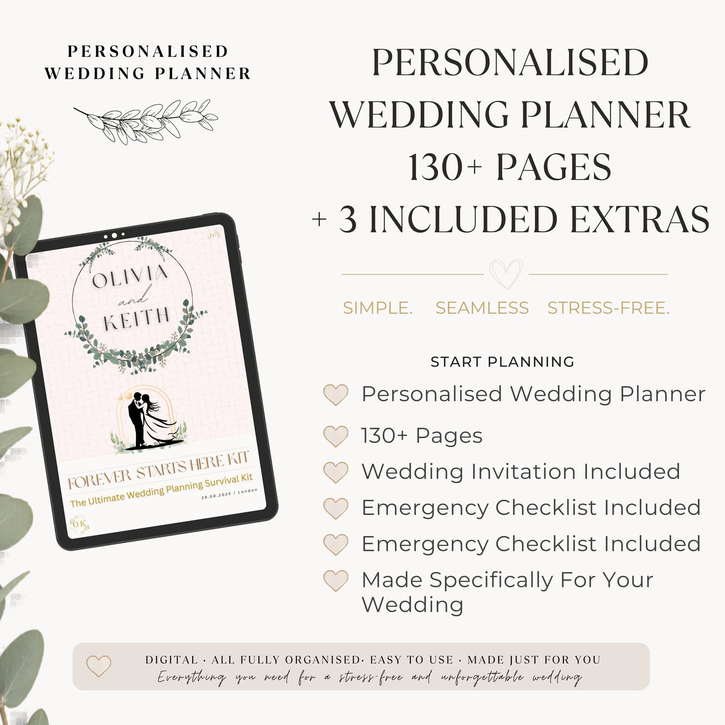 Promotional graphic for a personalized wedding planner kit, showing a tablet mockup with a planner cover and text listing 130+ pages and 3 included extras on a light beige background.