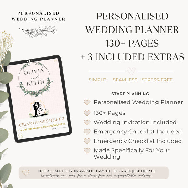 Promotional graphic for a personalized wedding planner kit, showing a tablet mockup with a planner cover and text listing 130+ pages and 3 included extras on a light beige background.