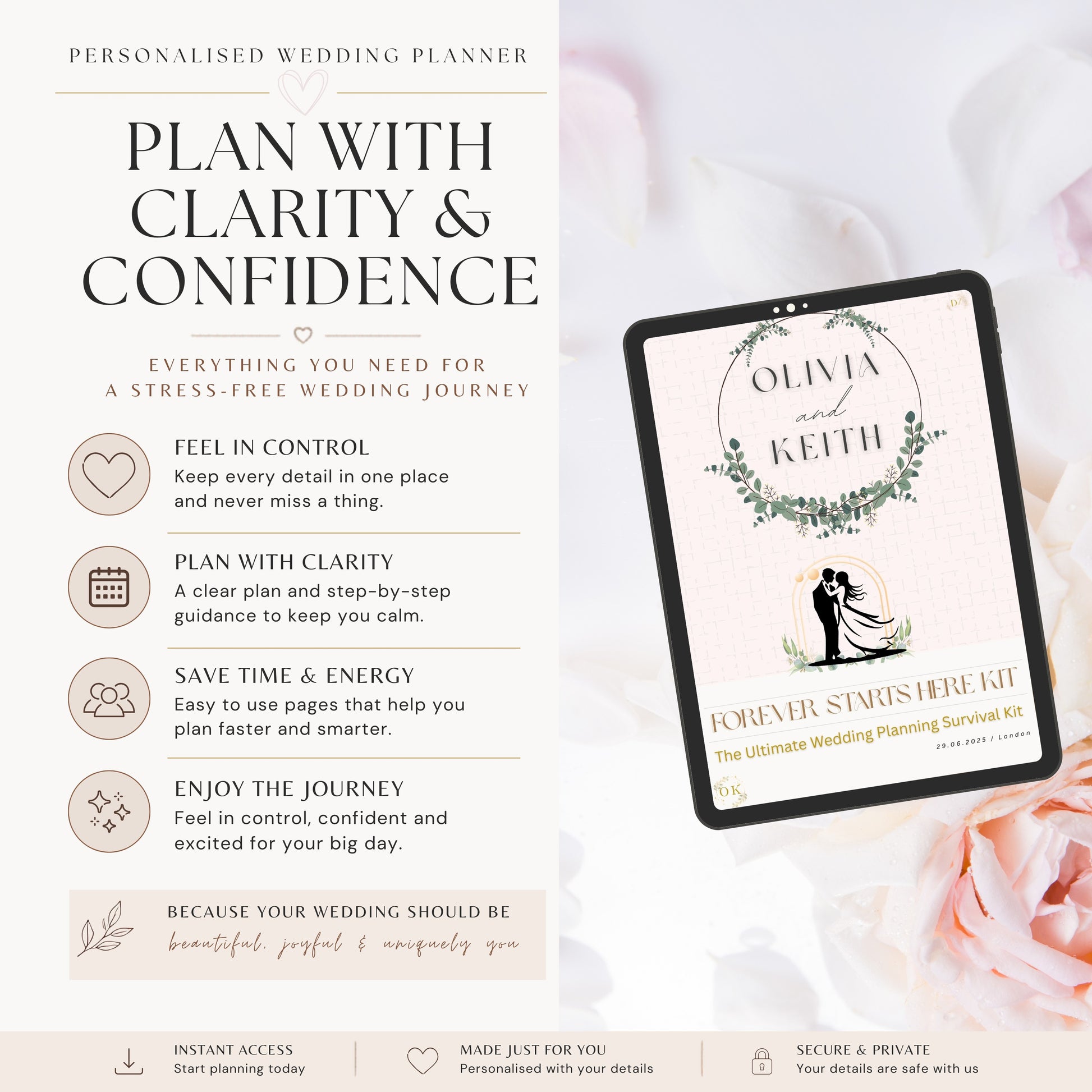 Personalised wedding planner digital guide cover shown on a tablet screen next to descriptive text on a soft pink and white background. The cover reads 'Olivia and Keith' with a floral wreath and a couple silhouette.
