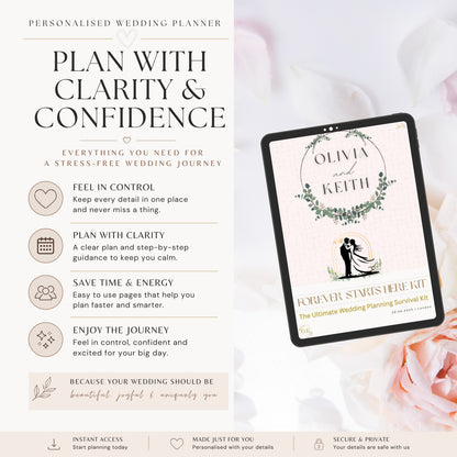 Personalised wedding planner digital guide cover shown on a tablet screen next to descriptive text on a soft pink and white background. The cover reads 'Olivia and Keith' with a floral wreath and a couple silhouette.
