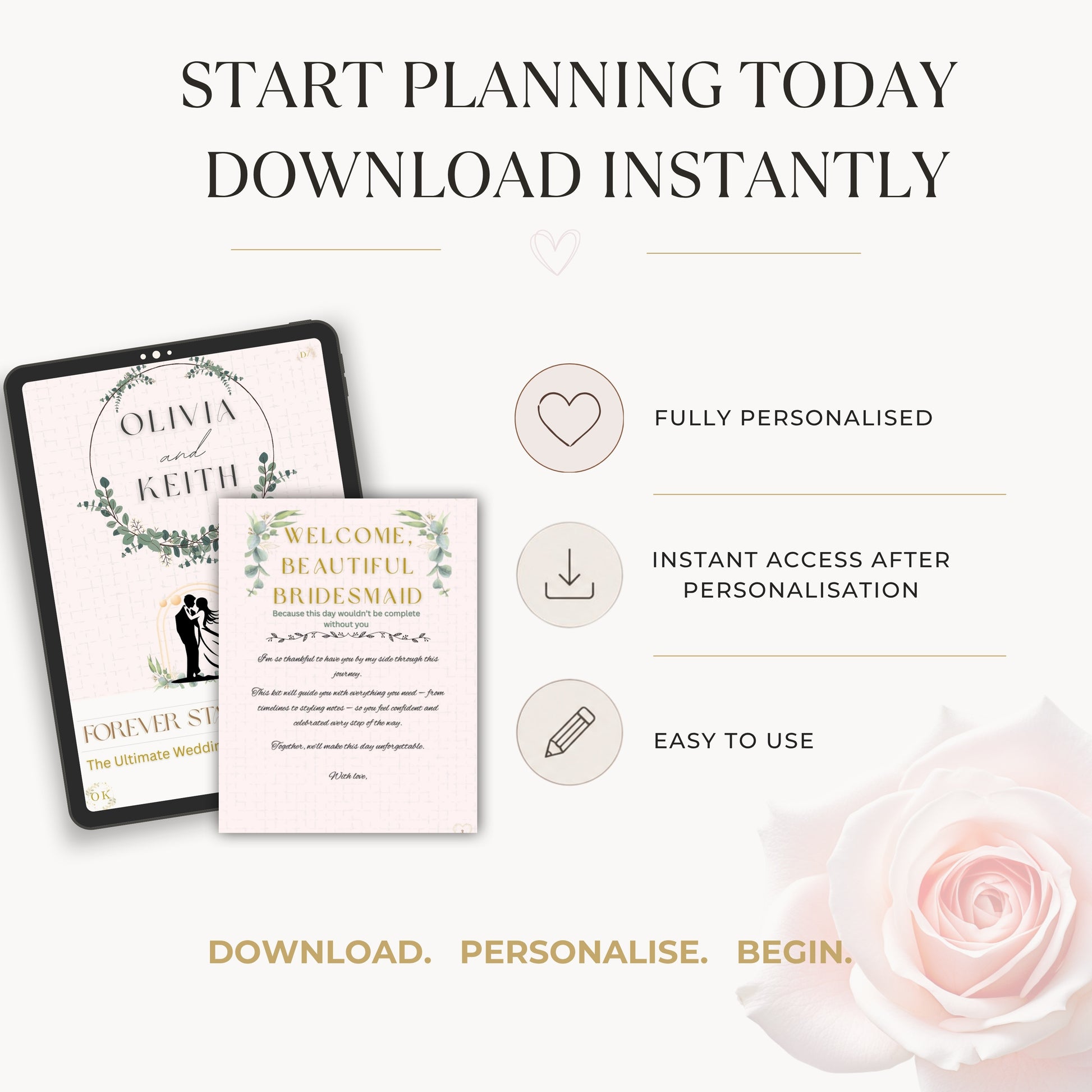 Promotional graphic for a digital wedding invitation product. It features a tablet displaying an invitation template titled 'Olivia and Keith' and a standalone invitation card reading 'Welcome to Beautiful Bride-Smaid'.