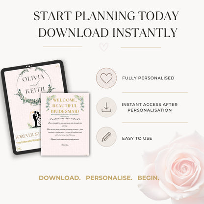 Promotional graphic for a digital wedding invitation product. It features a tablet displaying an invitation template titled 'Olivia and Keith' and a standalone invitation card reading 'Welcome to Beautiful Bride-Smaid'.