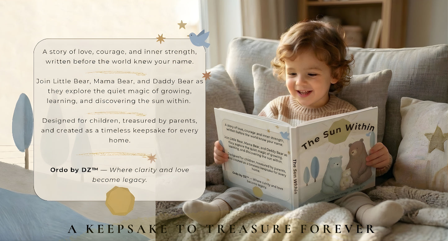 Child reading a book titled 'The Sun Within' on a couch with a text overlay about the book's content.