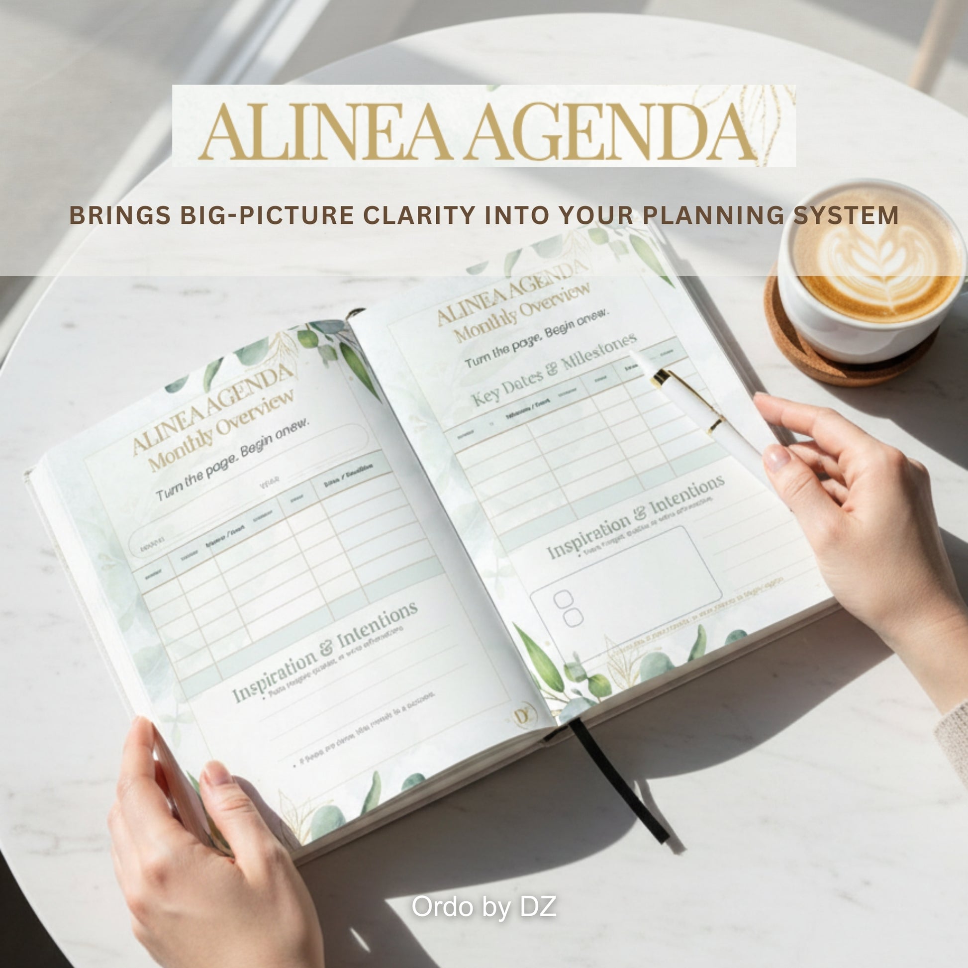 Ordo Alinea Agenda planner with hands holding it on a table with a cup of coffee. Front pages
